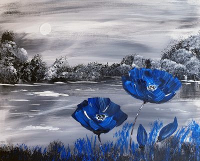 Blaue Mohnblüten in Landschaft.. verkauft..40×50
